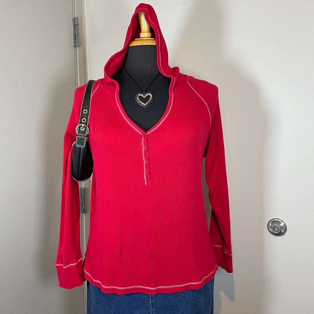 Y2K Plus Size 3XL Ribbed Red Long Sleeve Hooded Cotton Shirt